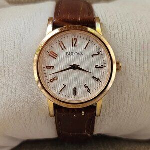 Bulova Girls Wristwatch Gold Tone case Analog Quartz Watch Brown Leather Strap